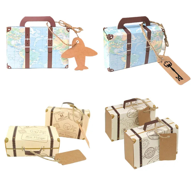 Mini suitcase wedding favour boxes with gold thank you tags – perfect for chocolates or guest gifts