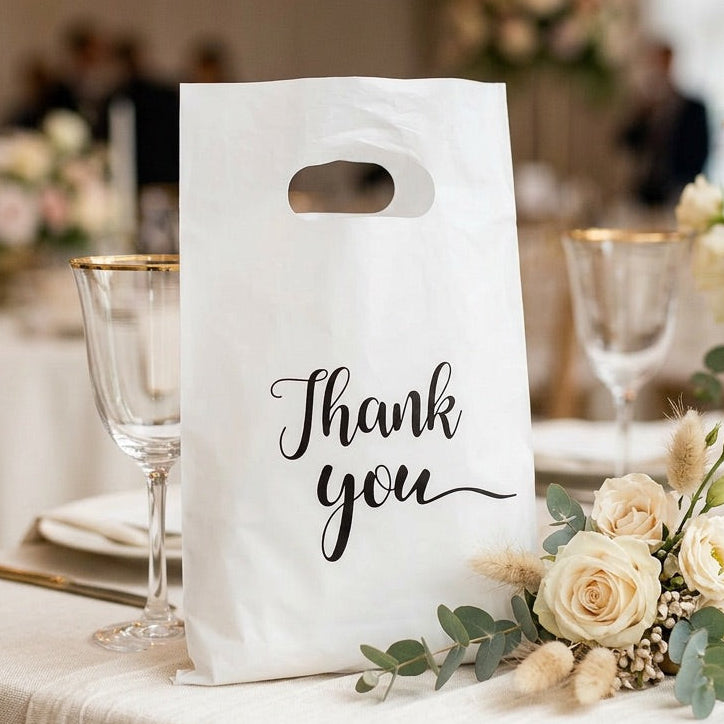 White 'Thank you' bag on a decorated table with flowers and glasses.