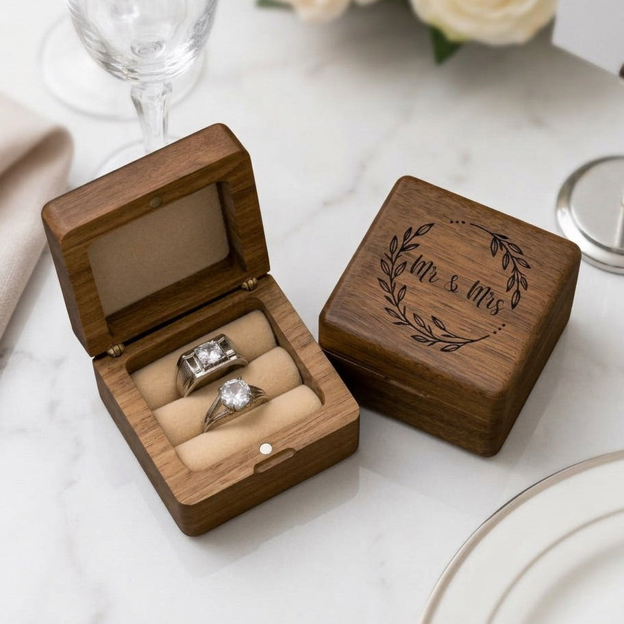 Wooden ring box with two rings inside on a marble surface with flowers and glasses in the background.