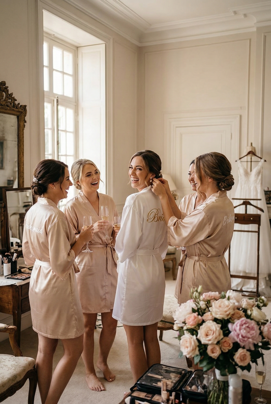 Bride and bridesmaids celebrating wedding morning wearing bridal party robes