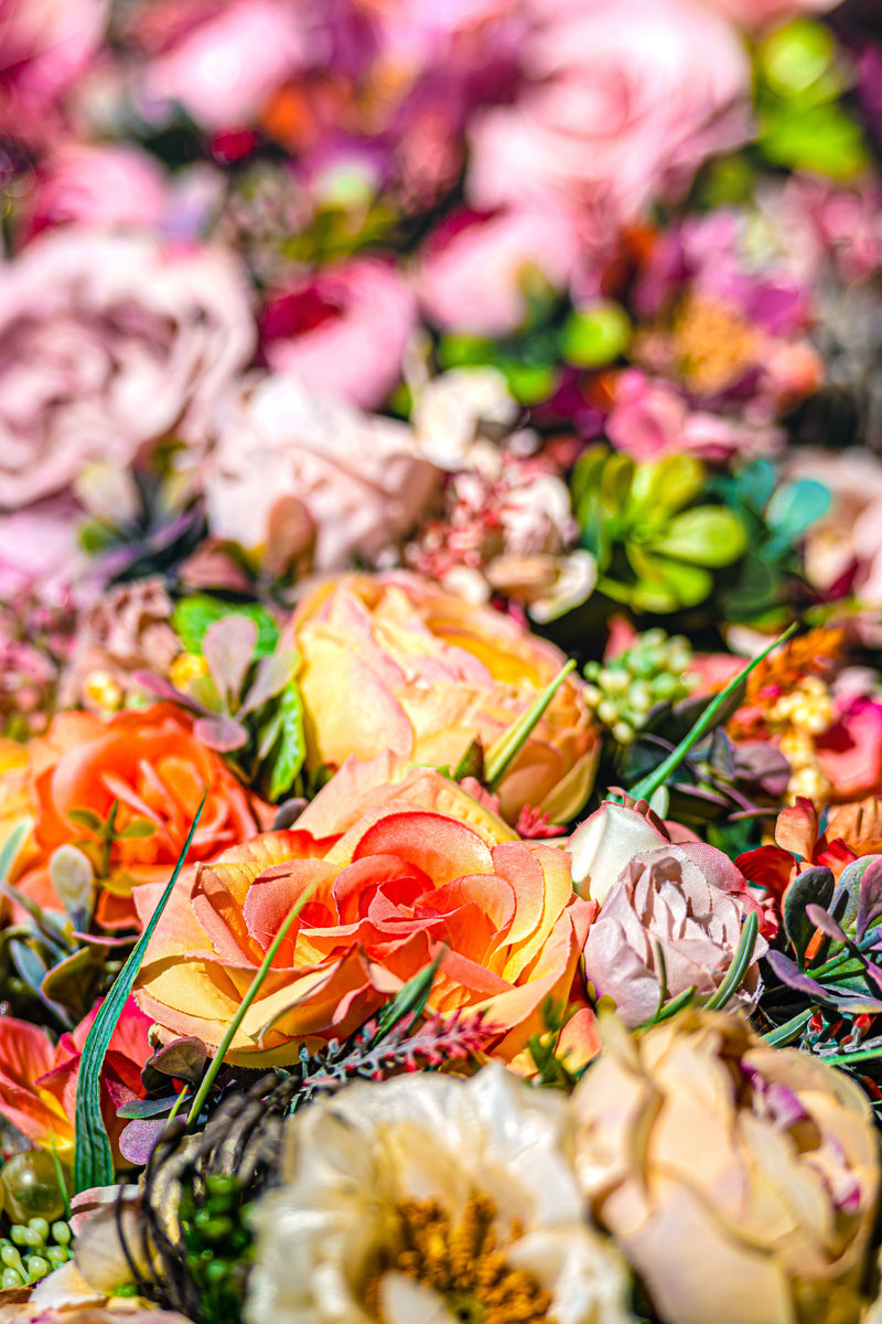 Varied and colourful artificial flowers.