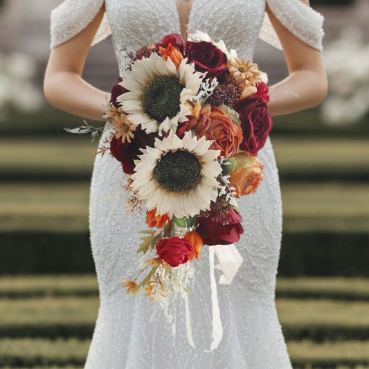 Sunflower, Red & Orange Cascading Bridal Bouquet