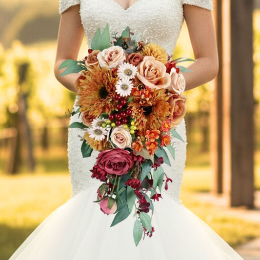 Sunflower & Wild Rose Cascading Bridal Bouquet