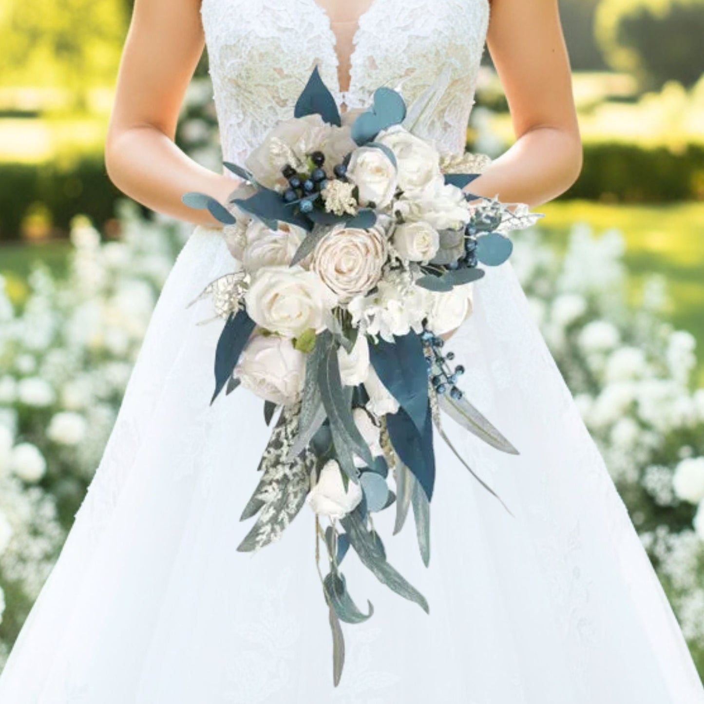 Blue & Champagne Cascading Bridal Bouquet