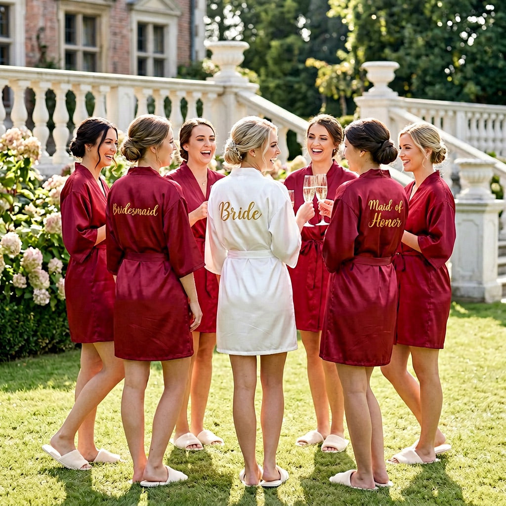 Bridesmaids in wine red robes with bridal party titles on the backs gathered outdoors.