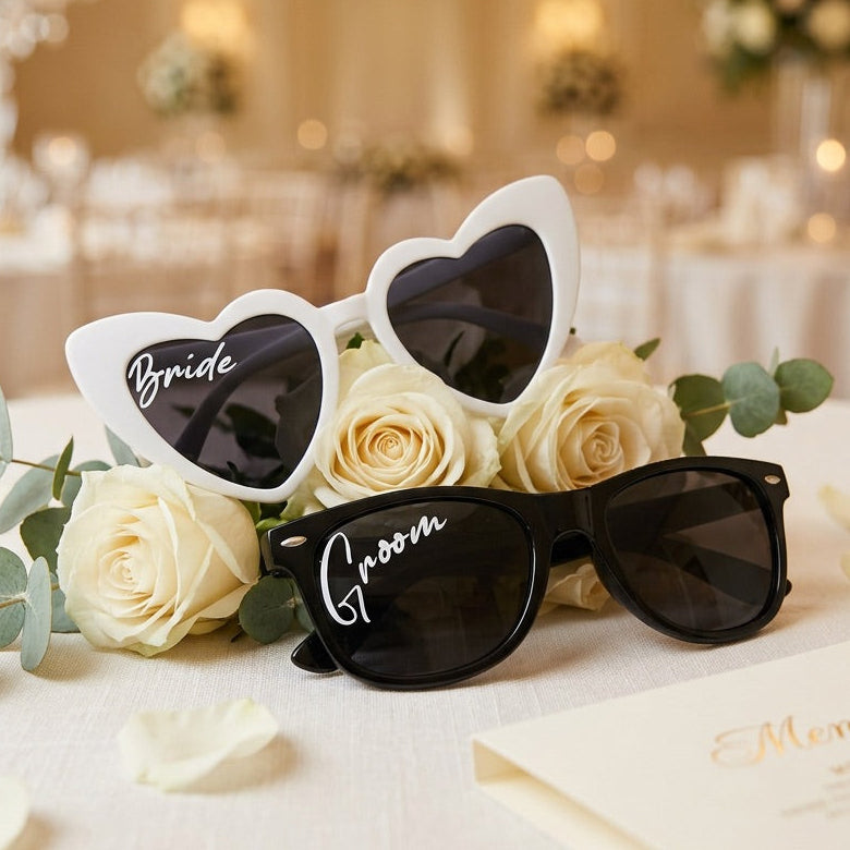 Sunglasses labeled 'Bride' and 'Groom' on a table with flowers and a blurred background of a decorated room.