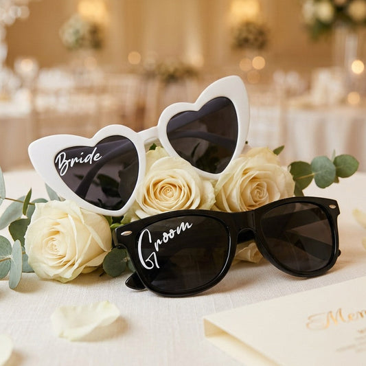 Sunglasses labeled 'Bride' and 'Groom' on a table with flowers and a blurred background of a decorated room.