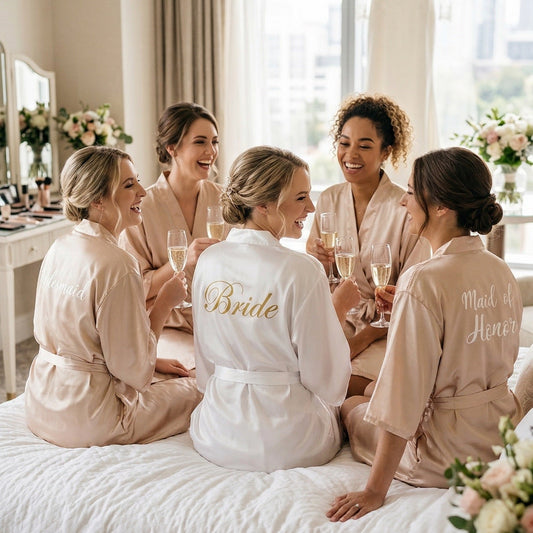 Bride in a white brides robe with bridesmaids in matching champagne coloured bridal party robes with titles written on the back, in a bedroom setting.