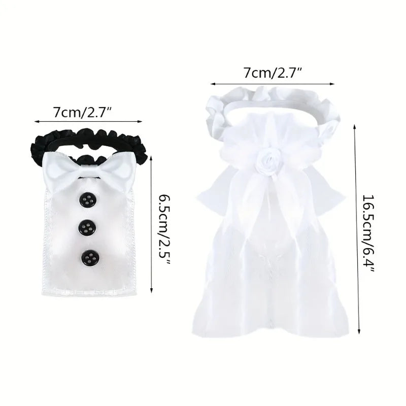 Two hair accessories, one white with ruffles and the other black with a bow and buttons, with measurements indicated.