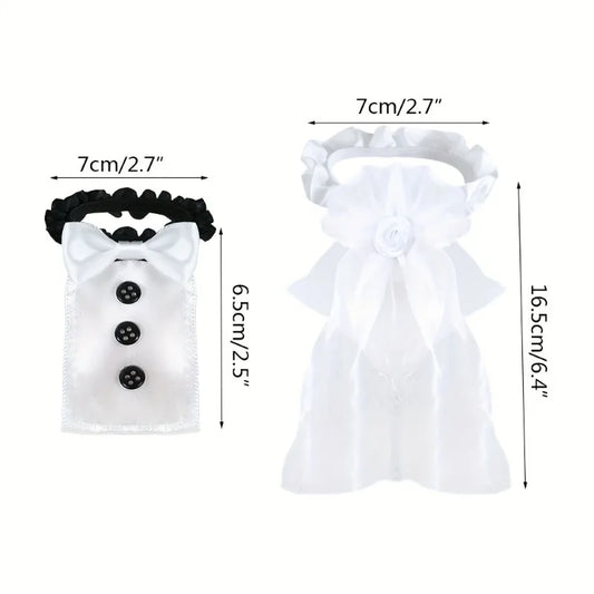 Two hair accessories, one white with ruffles and the other black with a bow and buttons, with measurements indicated.