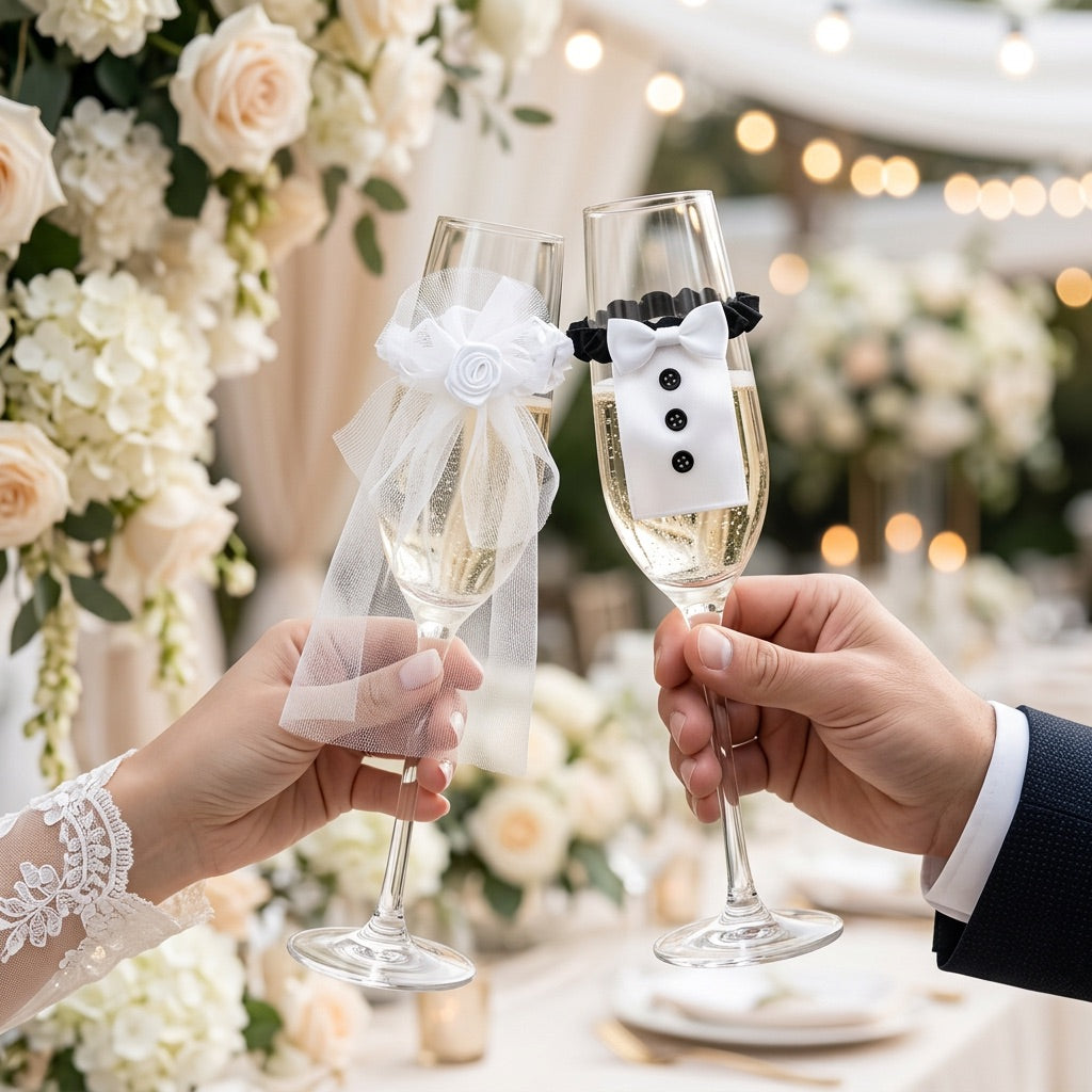 Two hands holding champagne glasses with decorative bows against a wedding backdrop