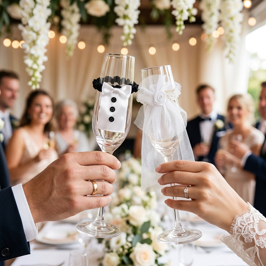 Two people holding champagne glasses with decorative bows at a wedding reception.