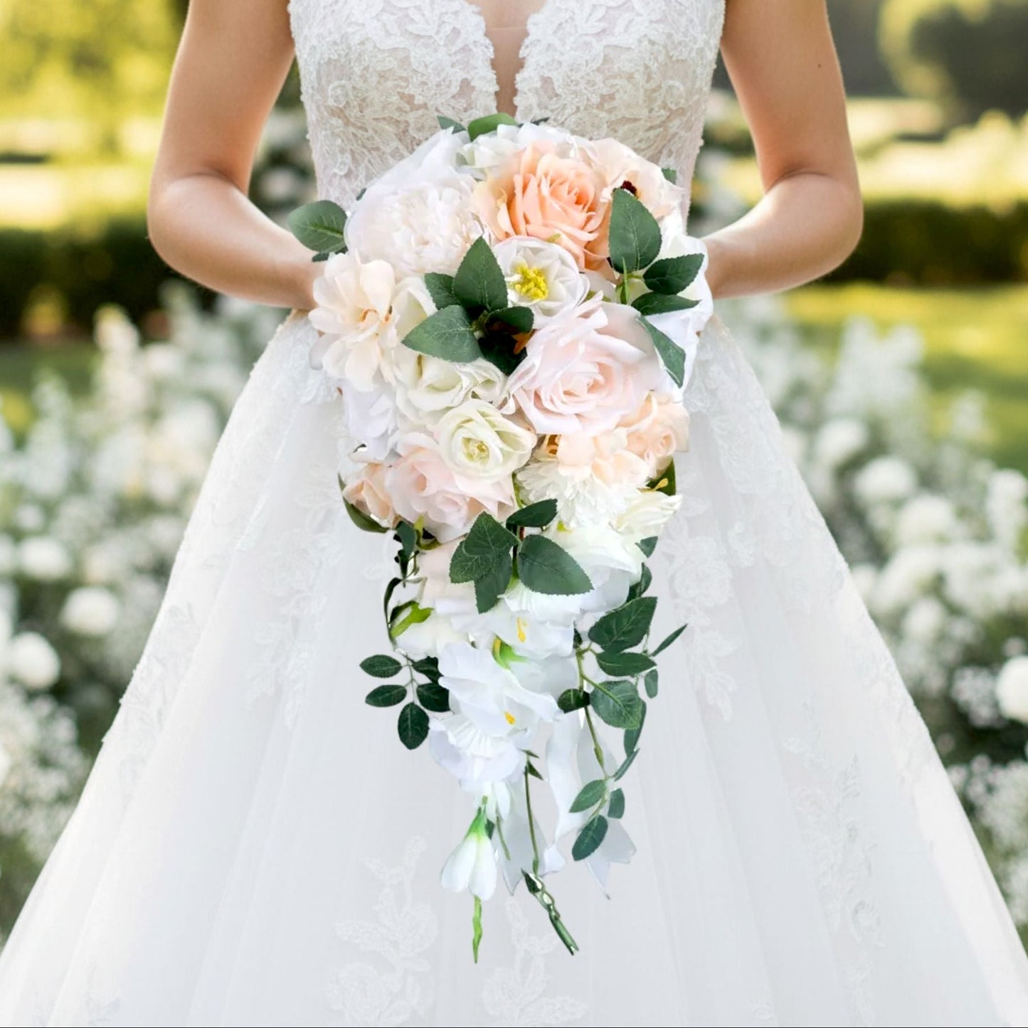 Coral & White Cascading Bridal Bouquet
