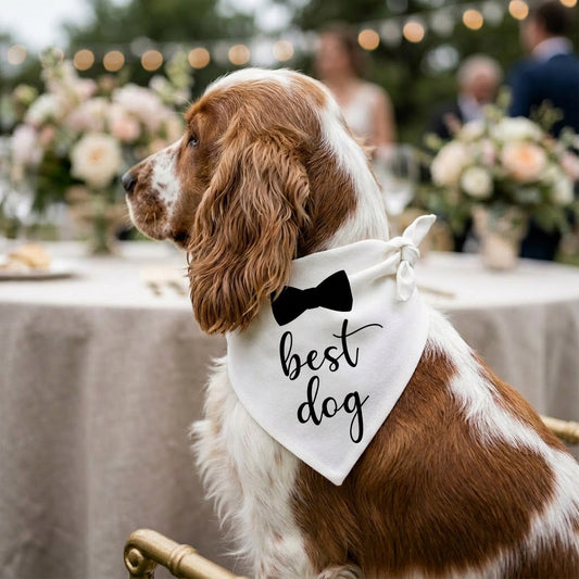 Dog wearing a "Best Dog" scarf at a wedding