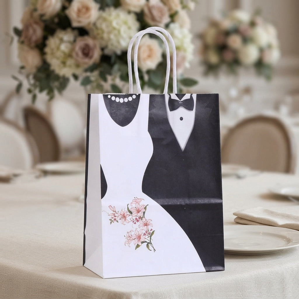 Gift bag with wedding couple design on a table with floral arrangements