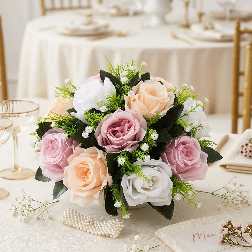 A centrepiece of artificial roses in soft blush pink, peach, and white with green foliage, arranged on a cream tablecloth with champagne glasses, a pearl hair clip, and an open menu nearby.
