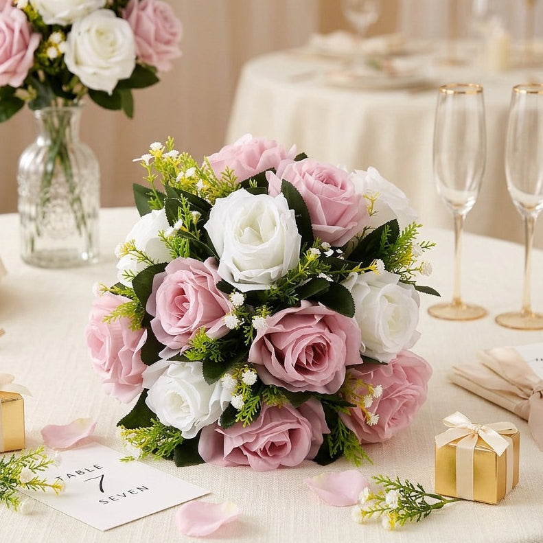 A styled wedding table setting with a bouquet of pink and white roses in the foreground, a matching floral centerpiece in a glass vase in the background, two champagne flutes, gold gift boxes, and table linens on a cream tablecloth.