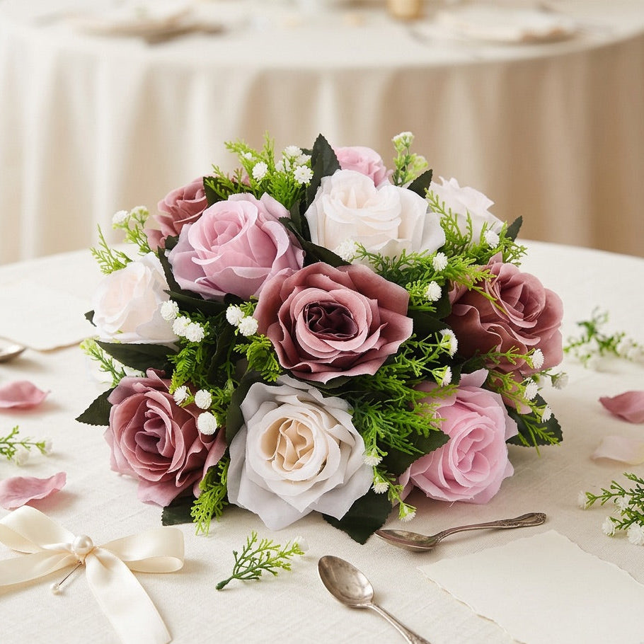 A round floral centerpiece arrangement of pink, blush, and cream faux roses with green foliage, styled on a round table with a cream tablecloth, silver spoons, paper napkins, and scattered flower petals.