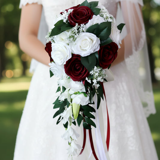 Burgundy & White Cascading Bridal Bouquet