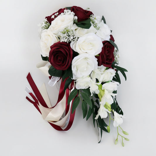 Burgundy & White Cascading Bridal Bouquet