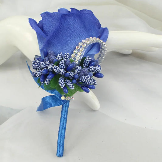 Artificial floral wedding buttonhole with ribbon finish