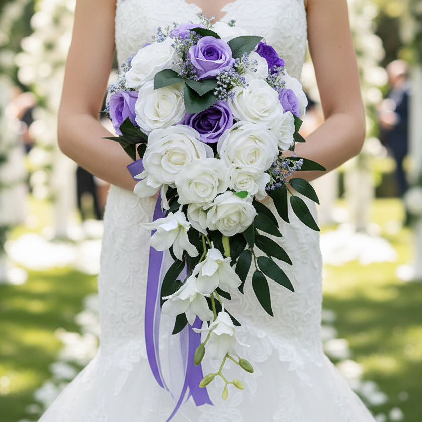 Purple & White Cascading Bridal Bouquet