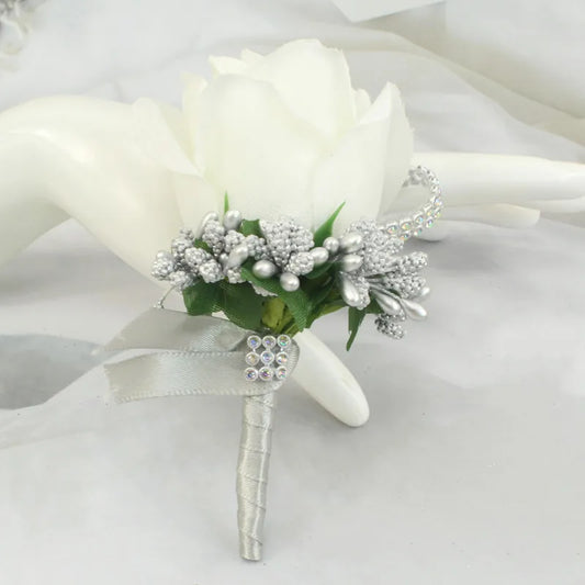 Artificial floral wedding buttonhole with ribbon finish