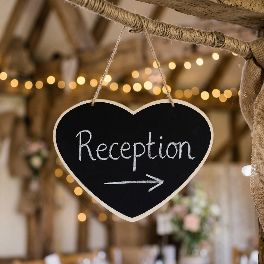 Heart-shaped blackboard sign with 'Reception' and an arrow, hanging in a rustic indoor setting with string lights.