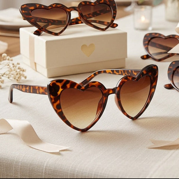 Heart-shaped sunglasses on a table with decorative elements