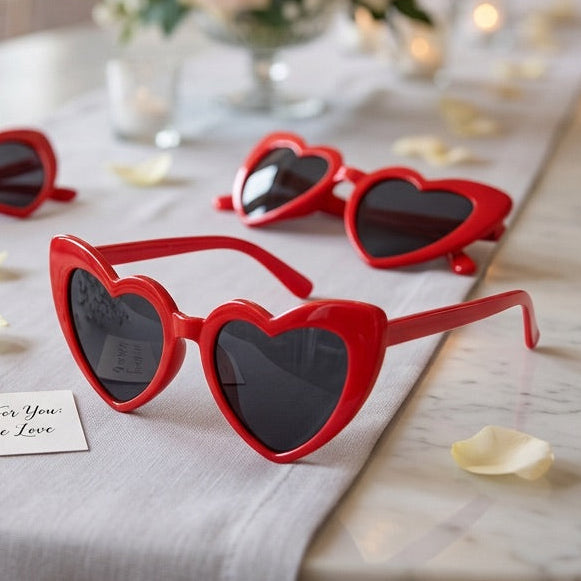 Red heart-shaped sunglasses on a table with floral arrangements in the background