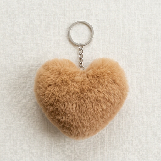 Heart-shaped fur keychain on a light background