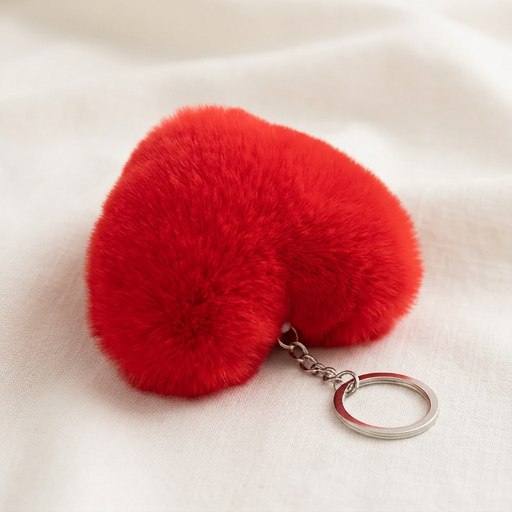 Red heart-shaped fluffy keychain on a light beige background