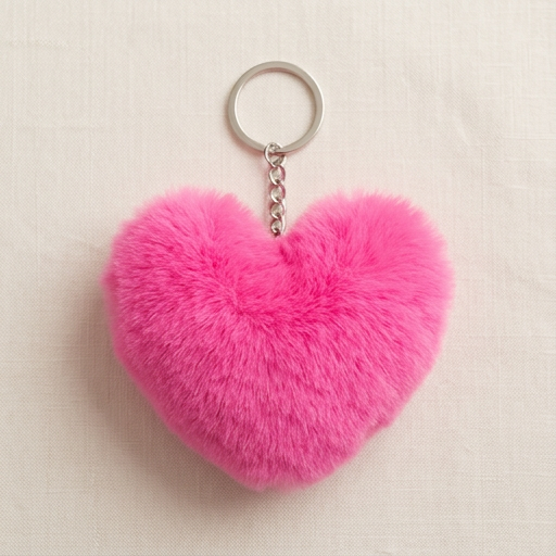 Pink heart-shaped fluffy keychain on a beige background