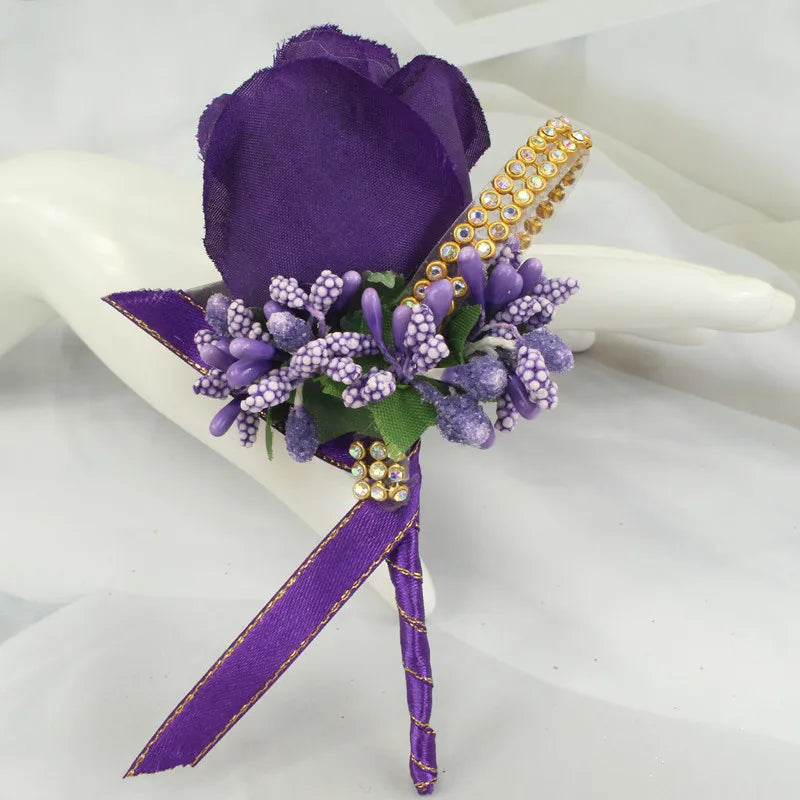 Artificial floral wedding buttonhole with ribbon finish