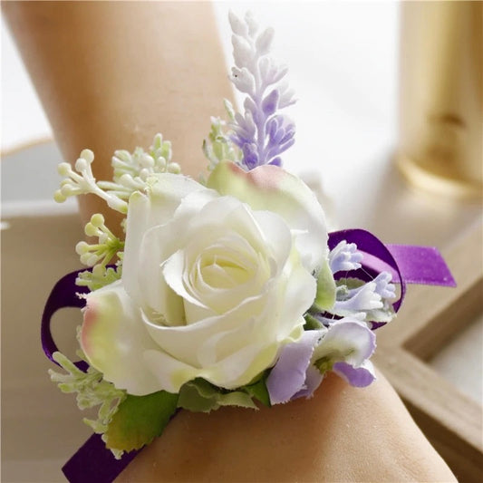 Artificial wedding wrist corsage with realistic flowers