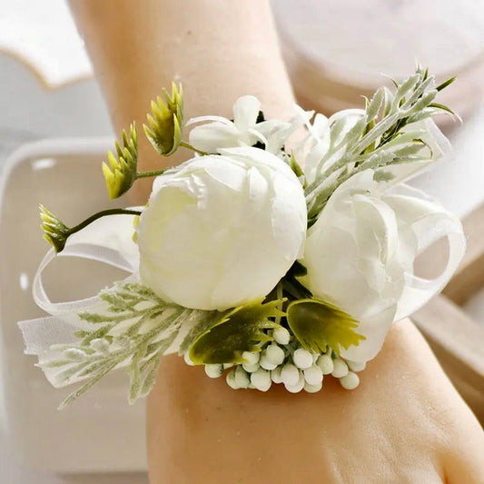 Artificial wedding wrist corsage with realistic flowers
