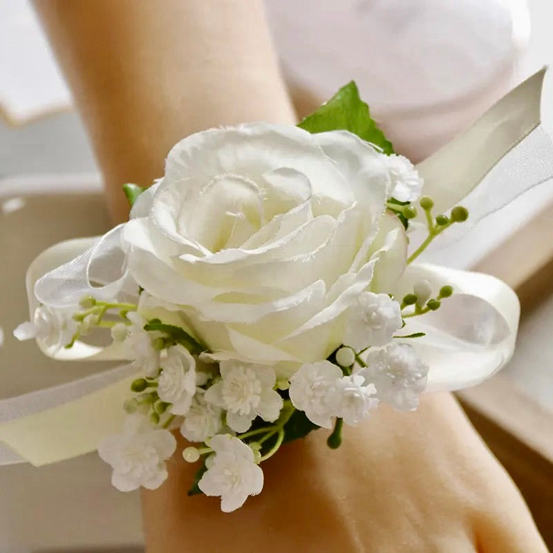 Artificial wedding wrist corsage with realistic flowers