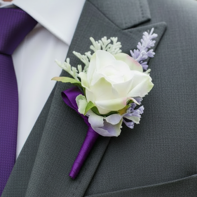 White & Purple Wedding Buttonhole