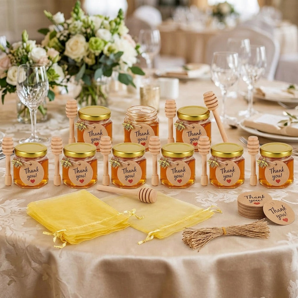 Jars of honey with 'Thank you!' labels on a table setting with flowers and glasses.