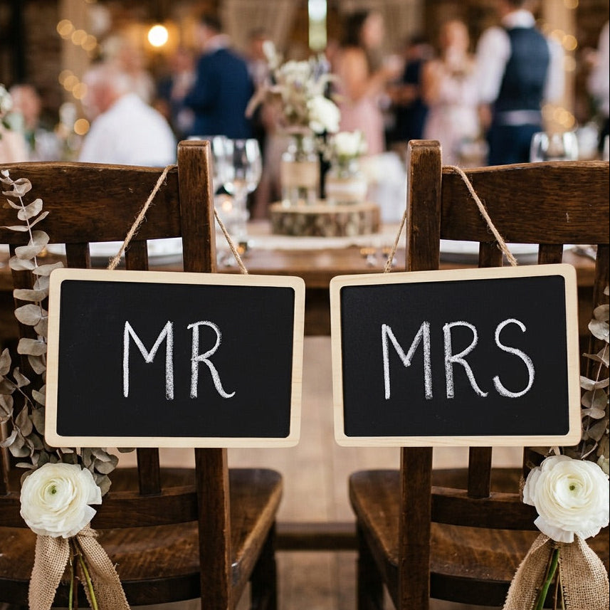 Two wooden chairs with 'MR' and 'MRS' signs at a wedding reception.