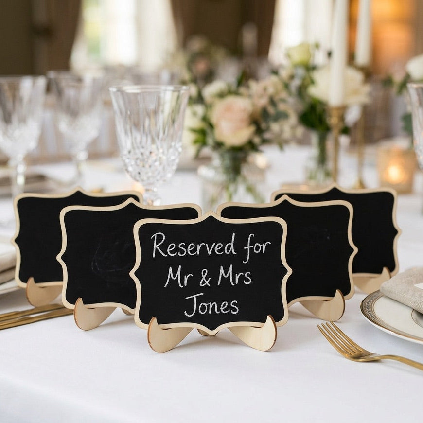 Reserved chalk board signs for Mr & Mrs Jones on a decorated table with glasses and plates.