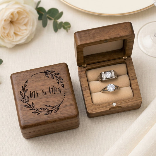 Wooden ring box with 'Mr & Mrs' engraving on a table with flowers and a glass.