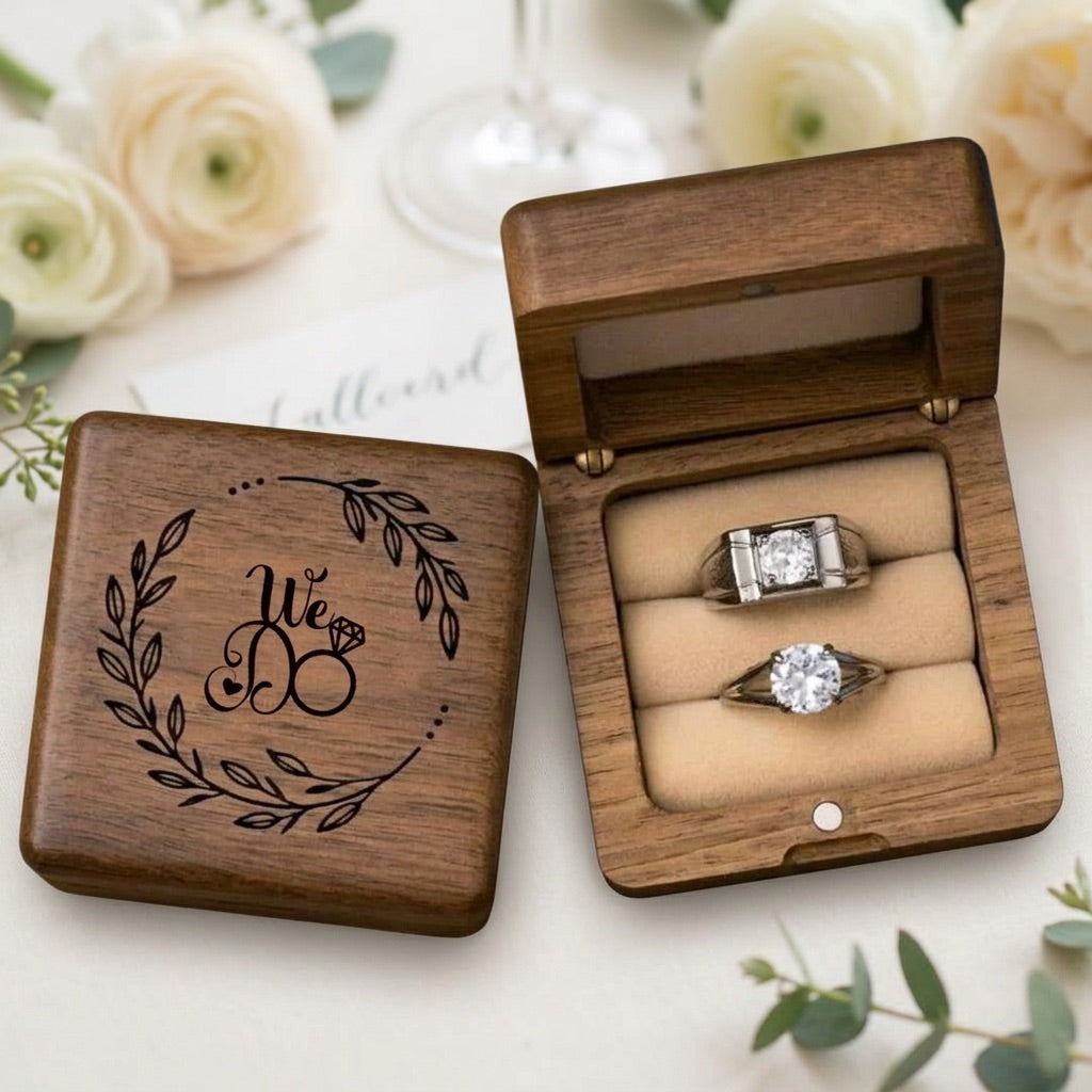 Wooden ring box with engraved 'We Do' design, containing two rings on a floral background.