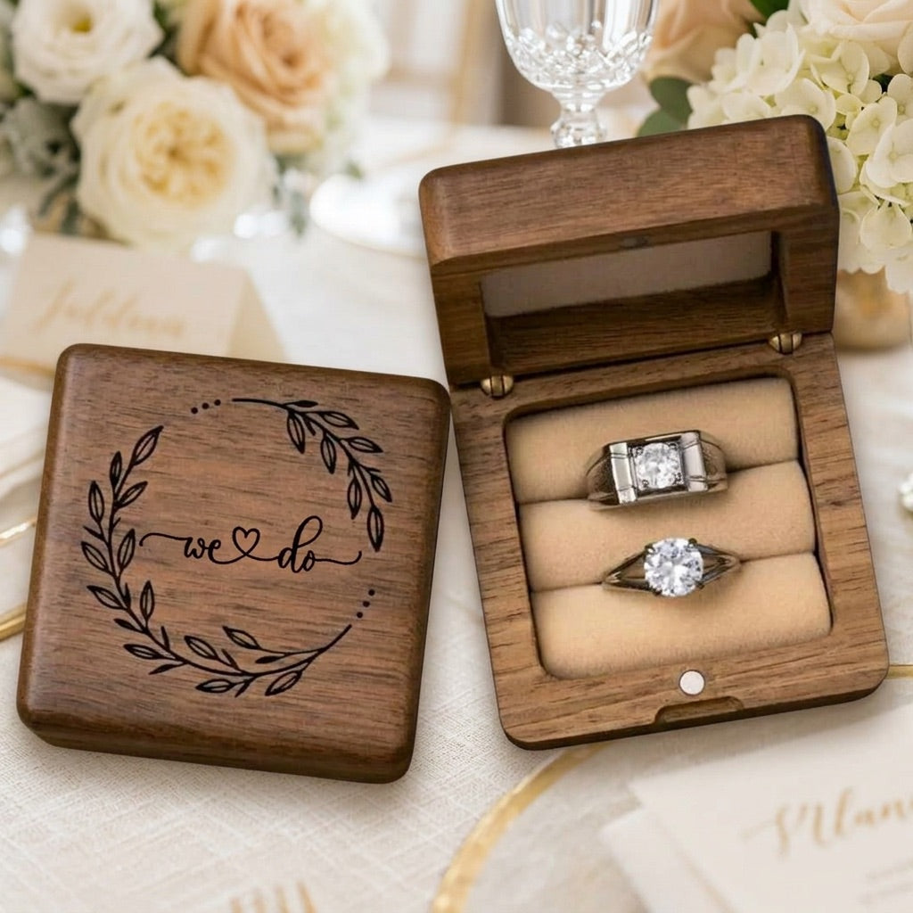 Wooden ring box with 'we do' engraving containing two wedding rings on a floral background.