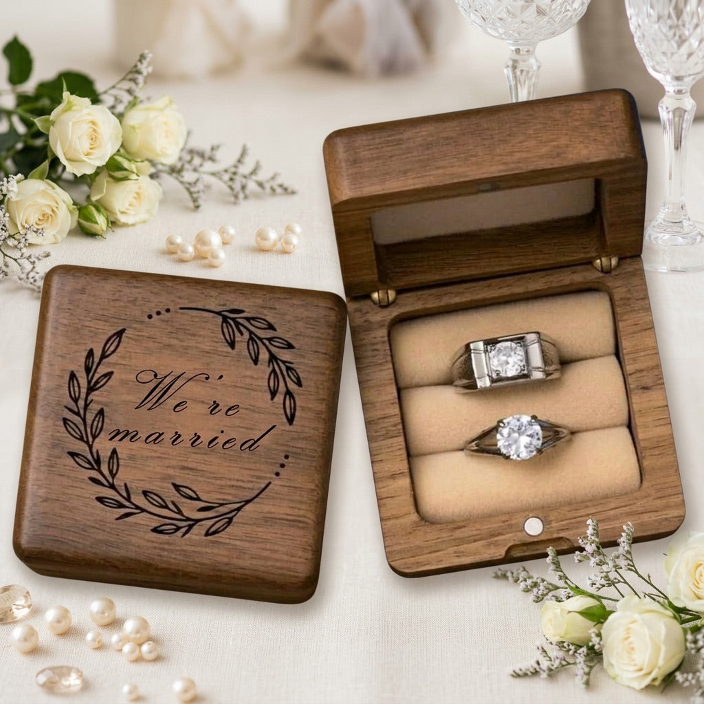 Wooden ring box with 'We're married' engraving, surrounded by flowers and jewelry on a light background.