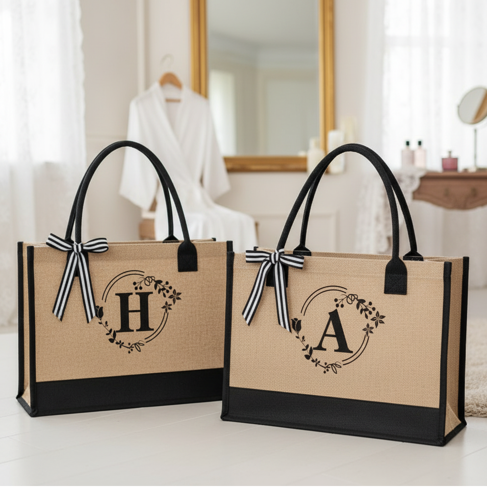 Wedding canvas bags with black monogram 'H' and 'A' design.