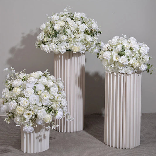 Round wedding flower table centrepiece with roses and greenery