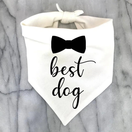 White bandana for dog that says "Best dog" on it