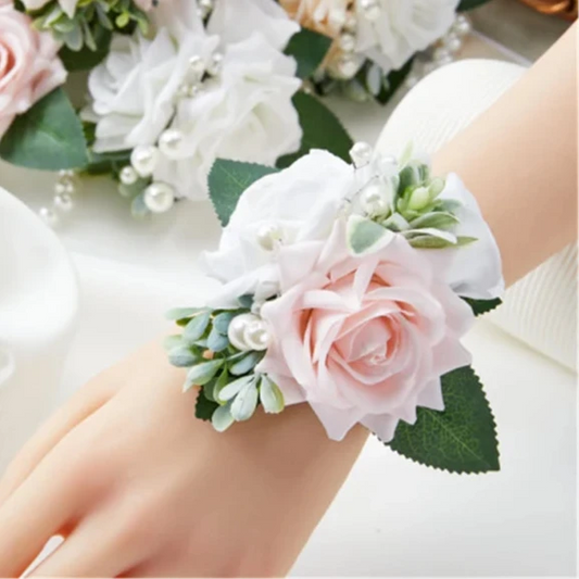 Artificial floral wedding wrist corsage on faux pearl bead bracelet