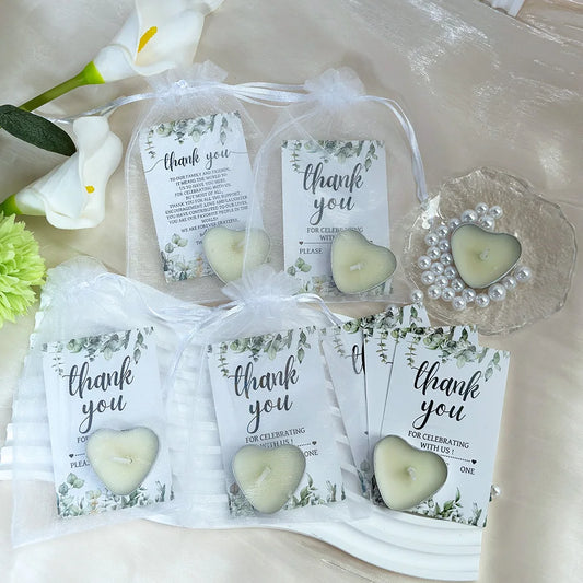 Mini heart shaped candle wedding favour sets with gift bags and thank you cards